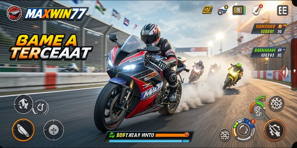 Screenshot gameplay MAXWIN77 menampilkan balapan motor yang mendebarkan di trek yang menantang.