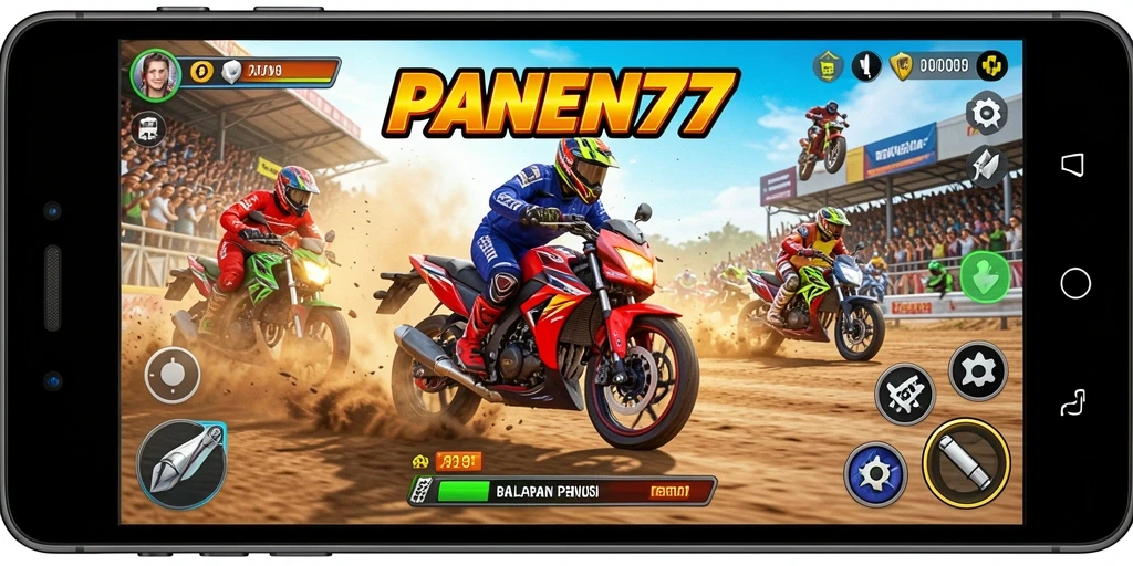Screenshot gameplay <strong>PANEN77</strong> menunjukkan kecepatan tinggi dan aksi balap motor.