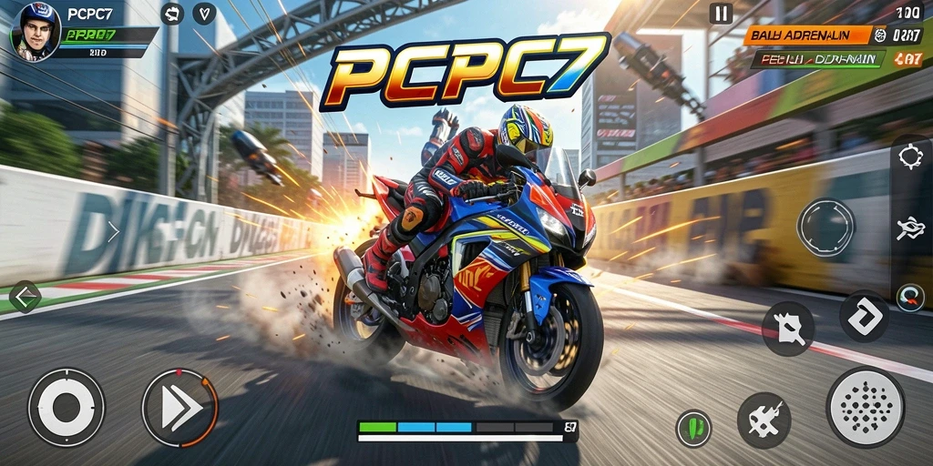 Tangkapan layar gameplay PCPC7 menunjukkan aksi balapan motor yang mendebarkan.