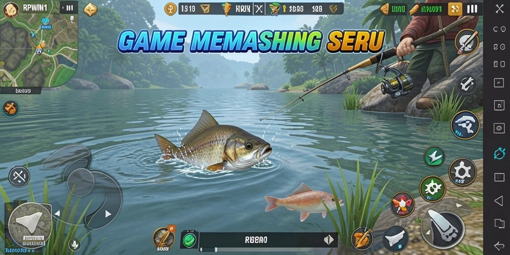 Tampilan gameplay RPWIN1 yang seru saat memancing di danau.